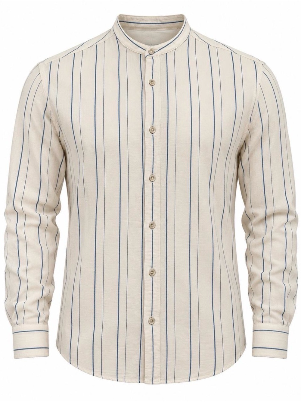 ZARA Men’s Medium Off White Blue Stripe Grandad Collar Long Sleeve Shirt
